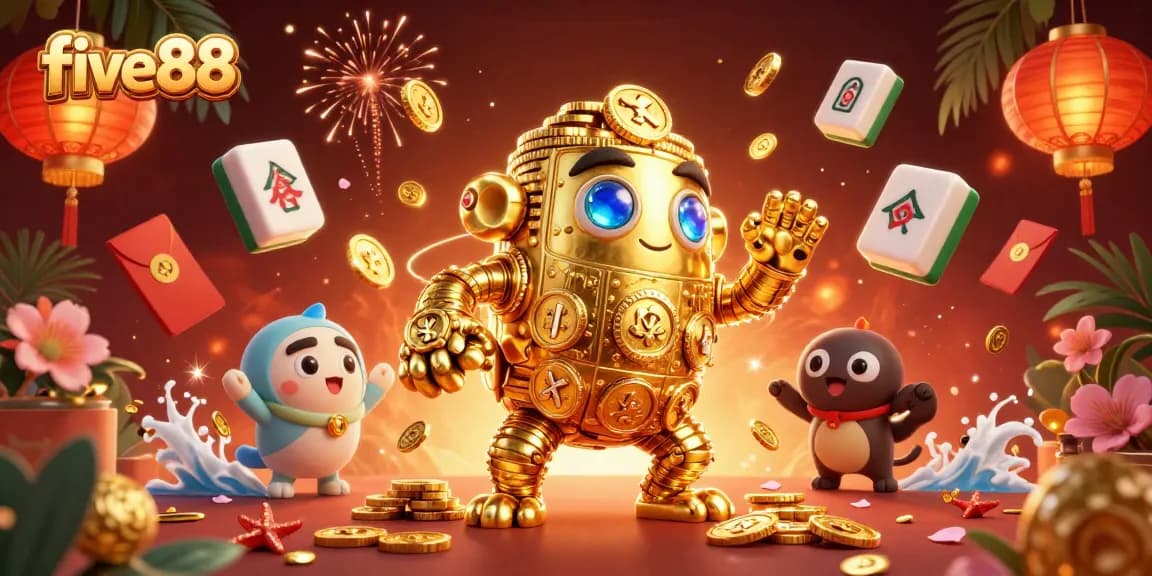 Experience the thrilling world of five88 with a golden golem surrounded by festive casino elements.
