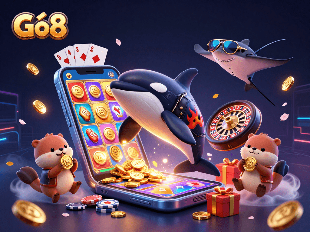 Engage with Go8's vibrant gaming world featuring dynamic casino characters, coins, and a colorful smartphone.