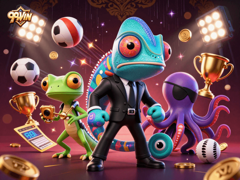 Experience the thrilling world of gambling at 99WIN with colorful casino elements and vibrant characters