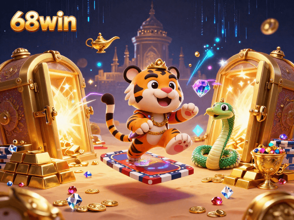 Engage with 68win's magic carpet adventure featuring a tiger sultan in a rich casino environment.