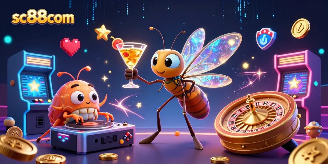 Experience the thrill of sc88com with a vibrant 3D illustration featuring lively casino mascots and game elements.