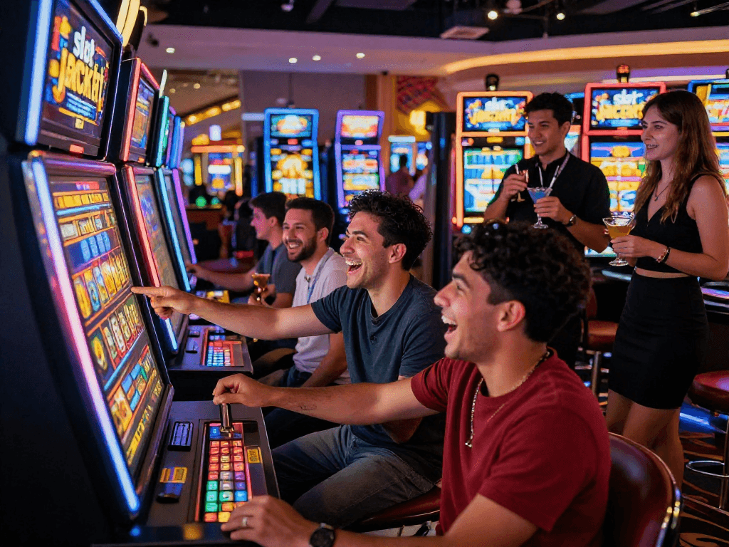 Players celebrating a slot jackpot win at a casino, vibrant atmosphere with colorful lights.