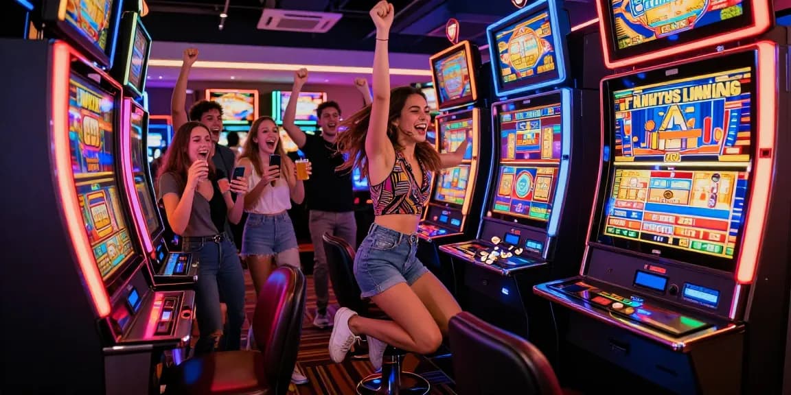 A young woman celebrating a slot jackpot win with friends in a vibrant casino atmosphere, colorful machines in the background.