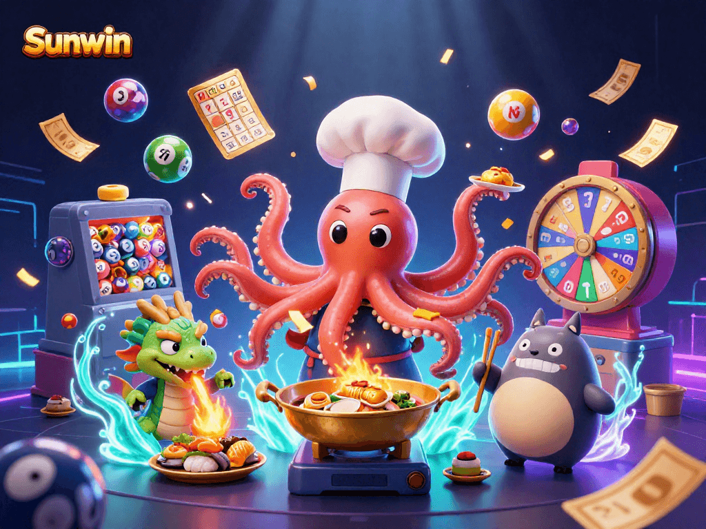 Sunwin showcases an exciting 3D casino experience with vibrant characters, dynamic lottery elements, and a playful atmosphere.