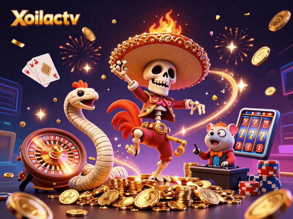 Xoilactv showcases a celebratory casino scene with vibrant characters and gold coins dancing.