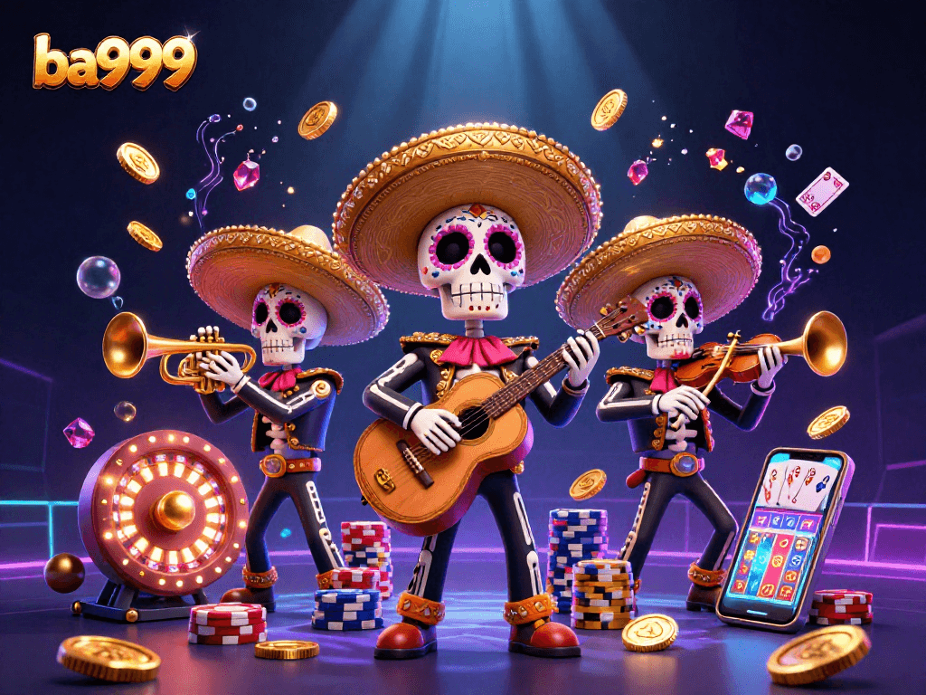 Engage with ba999 in this vibrant scene showcasing a mariachi band with casino elements.
