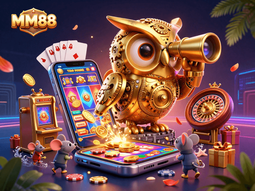 Engage in thrilling gameplay at MM88, featuring a vibrant casino illustration with gold coins, characters, and slot machines.