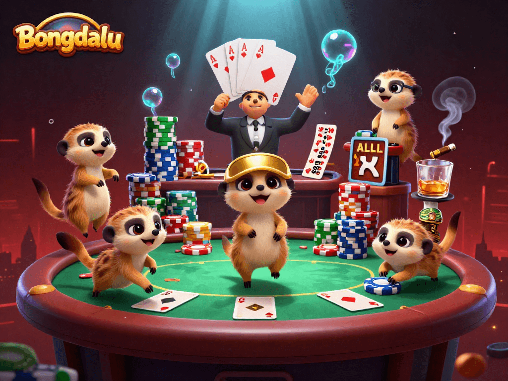 Bongdalu meerkats running a casino with poker elements, showcasing vibrant gaming action.