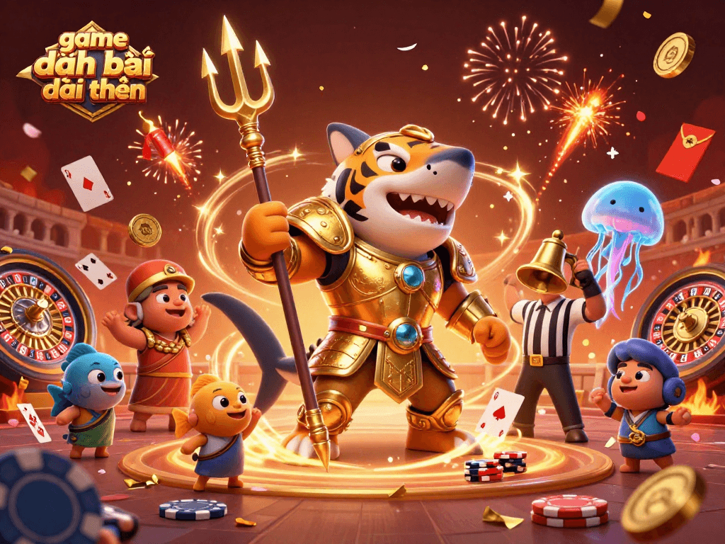 Engage in thrilling gameplay with game đánh bài đổi thưởng showcased in a vivid 3D underwater scene featuring a fierce tiger shark.