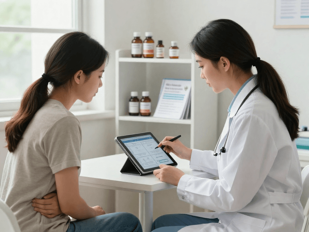 Consultation sur la santé urinaire avec une experte, mettant en avant boiteaoutilsdermatites et des remèdes naturels.