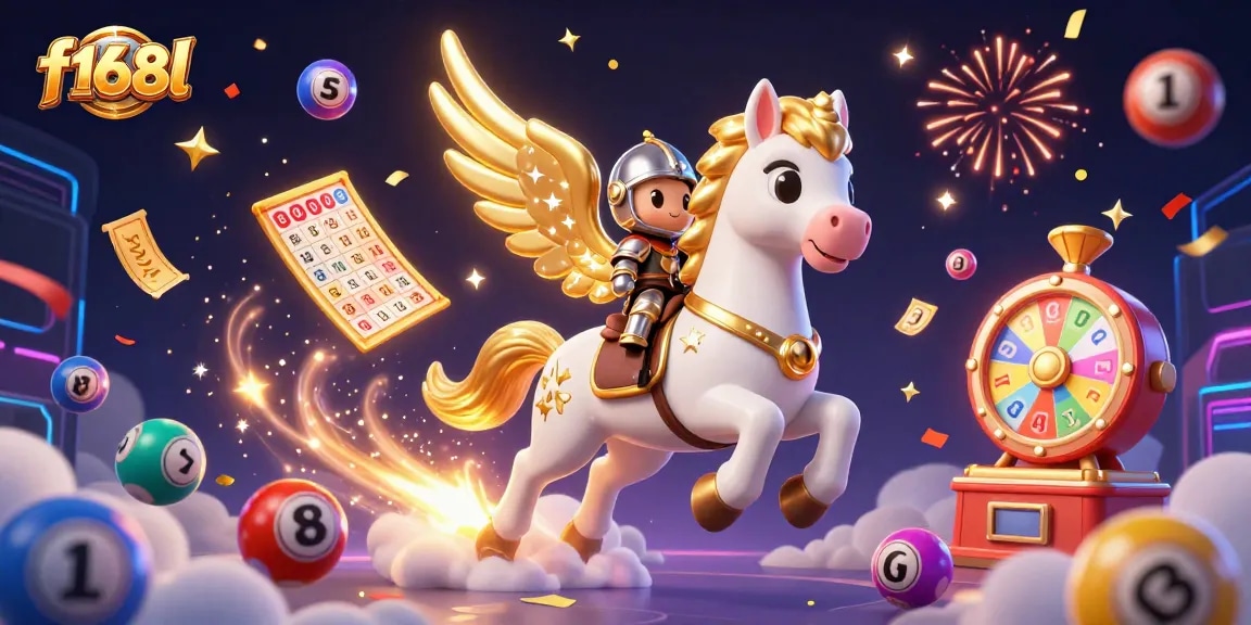 Experience thrilling games with f168l featuring a knight on a celestial horse amidst vibrant lottery elements.
