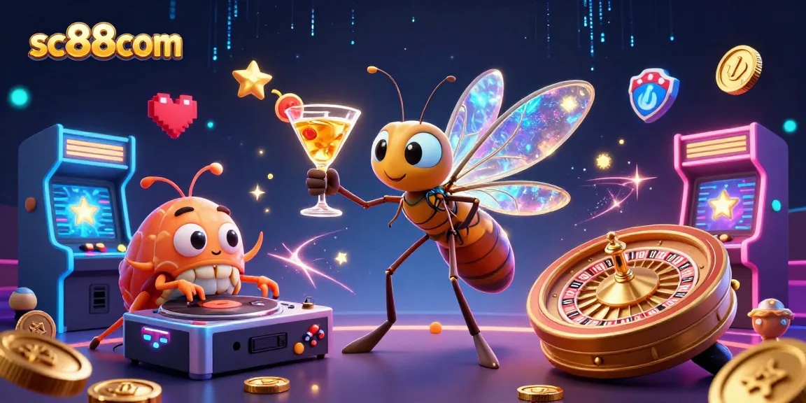 Experience the thrill of sc88com with a vibrant 3D illustration featuring lively casino mascots and game elements.