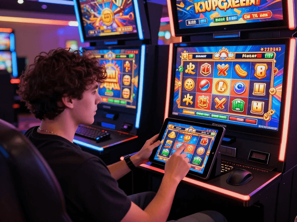 Player at situs judi slot engaging with colorful online slot games on smartphone.