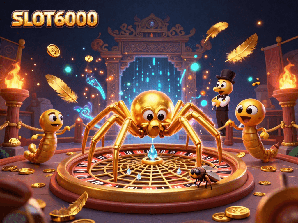 SLOT6000 spider spins a roulette wheel web while a fly bets, showcasing vibrant casino elements.
