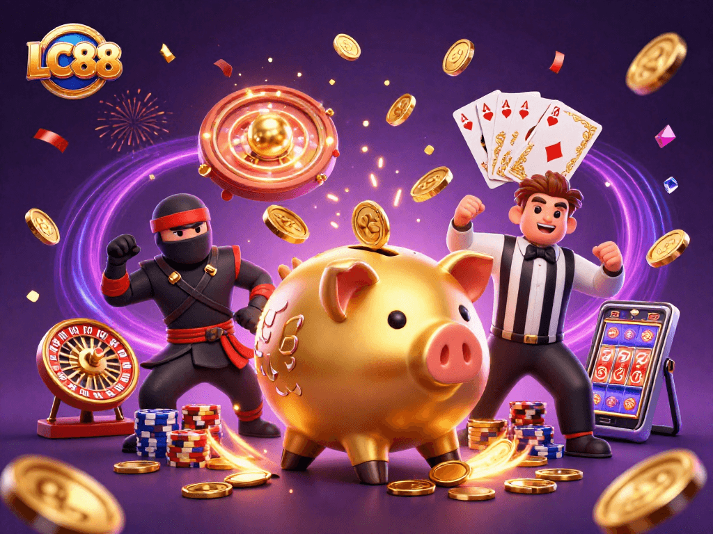 Experience excitement at LC88 with a dynamic scene of gambling characters celebrating wins surrounded by coins and cards.
