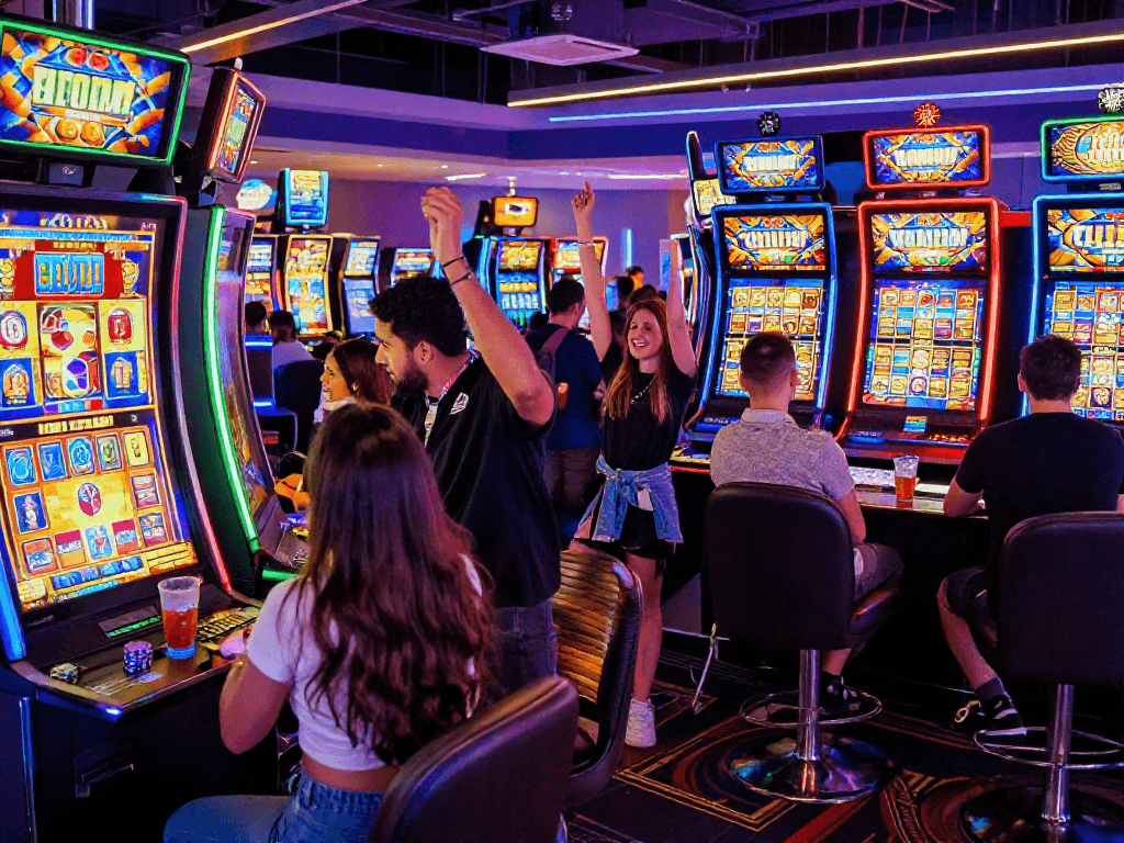 Enthusiastic players celebrating a slot jackpot win at a vibrant casino.