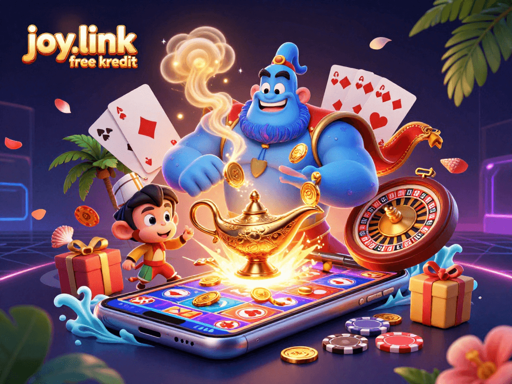 Experience joy.link free kredit with a vibrant casino scene featuring a genie, monkey, and magic elements.