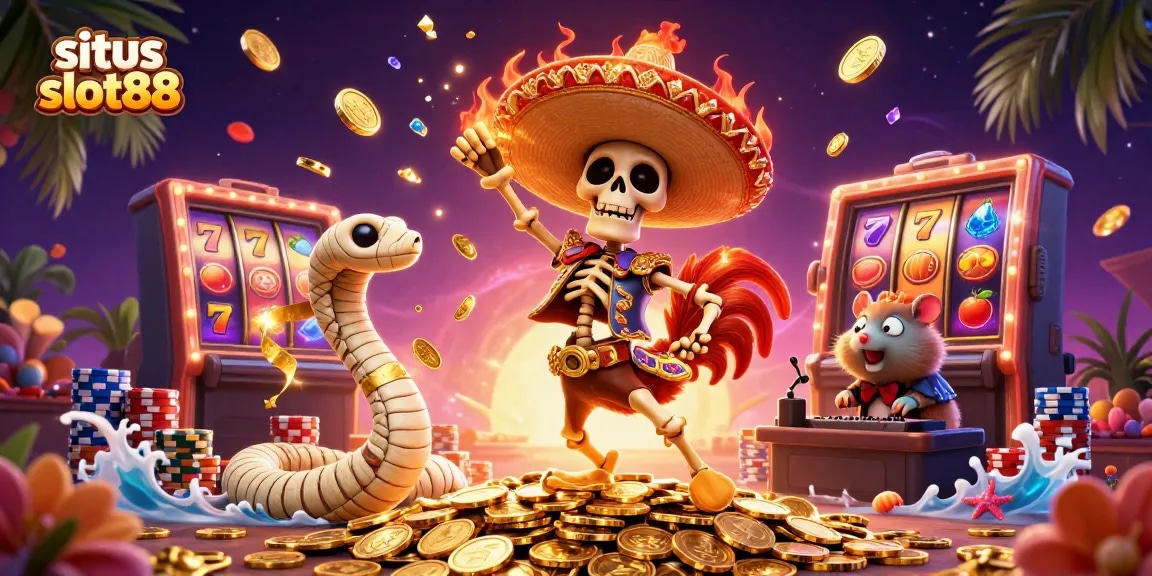Situs slot88 menampilkan skeleton mariachi dan karakter unik dalam suasana kasino yang meriah.