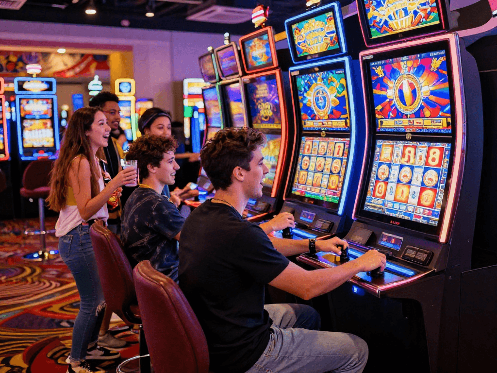 Excited players celebrating a potential slot jackpot win in a vibrant casino atmosphere.
