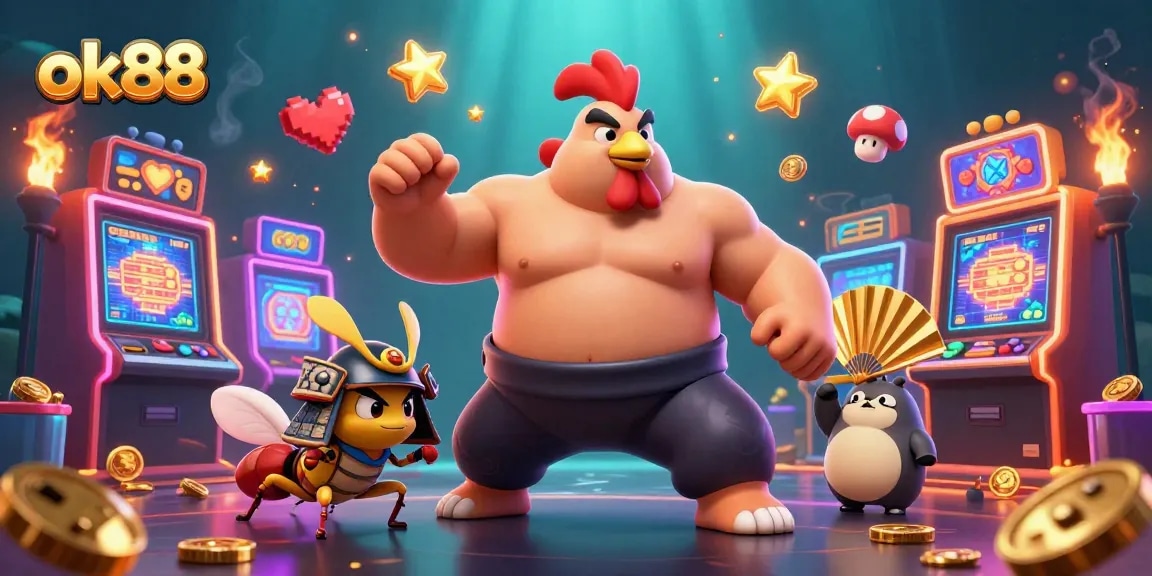 Engage with ok88's vibrant gambling scene featuring a sumo wrestler rooster and more.
