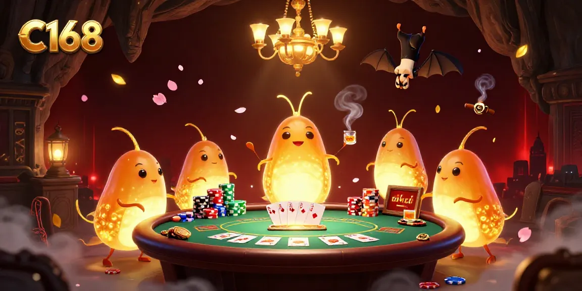 Join the C168 glowworms illuminating a vibrant casino scene with poker action and festive elements.
