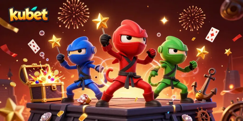 Witness the vibrant kubet-themed action as ninja chameleons celebrate wins with treasure and playing cards.