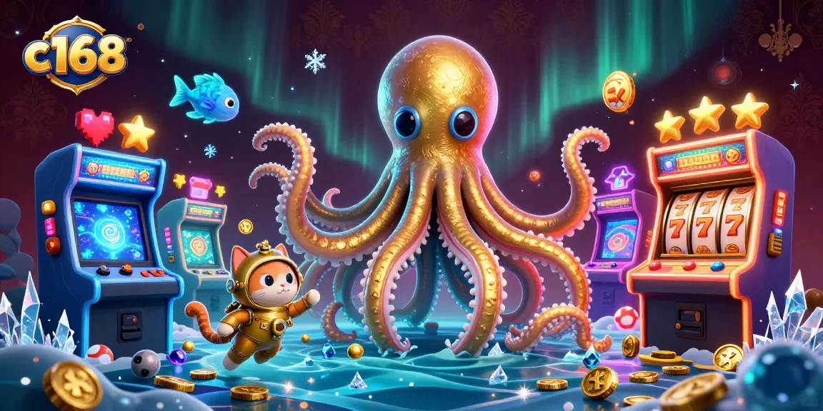Engage with the vibrant c 168 casino scene featuring a kraken and vintage diving cat amidst treasures.