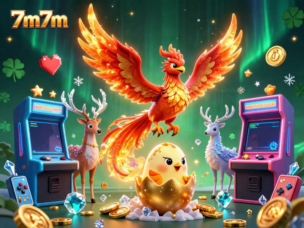 Engage with 7m7m's vibrant casino atmosphere illustrated by a fire phoenix and arcade elements.