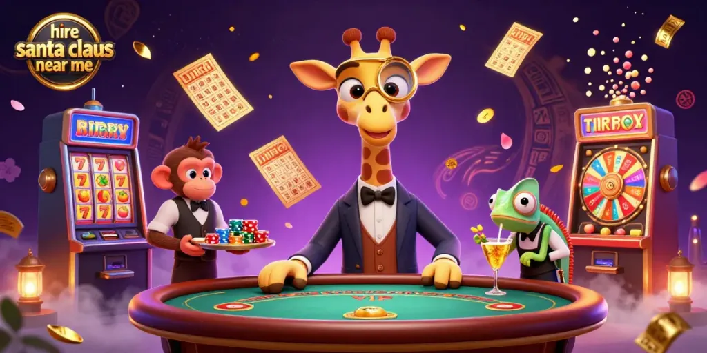 Experience holiday excitement as you hire Santa Claus near me for festive casino-themed events with 3D vibrant characters.
