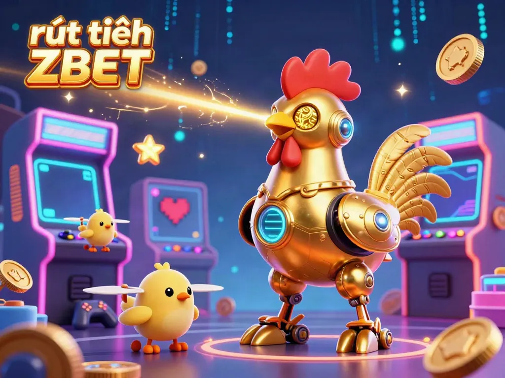 Engage in rút tiền ZBET with a dynamic scene featuring a golden rooster robot and chick drones amidst vibrant casino game elements.