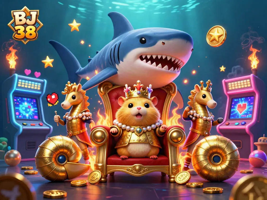 Engage in thrilling gaming experiences with BJ 38, featuring a golden hamster king on a megalodon throne surrounded by vibrant casino elements.