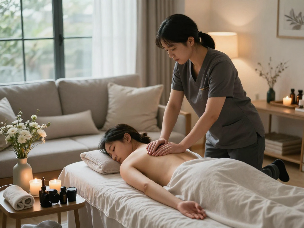 Professional 용산출장마사지 in a serene home setting with soothing ambiance.