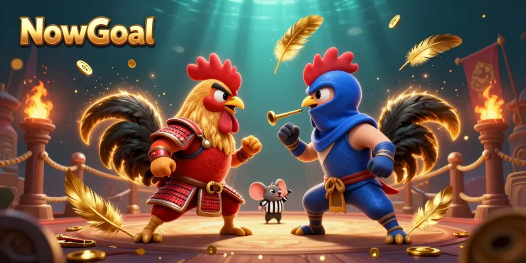 Bet on victory with NowGoal as epic cartoon roosters face-off in a dramatic fighting arena.