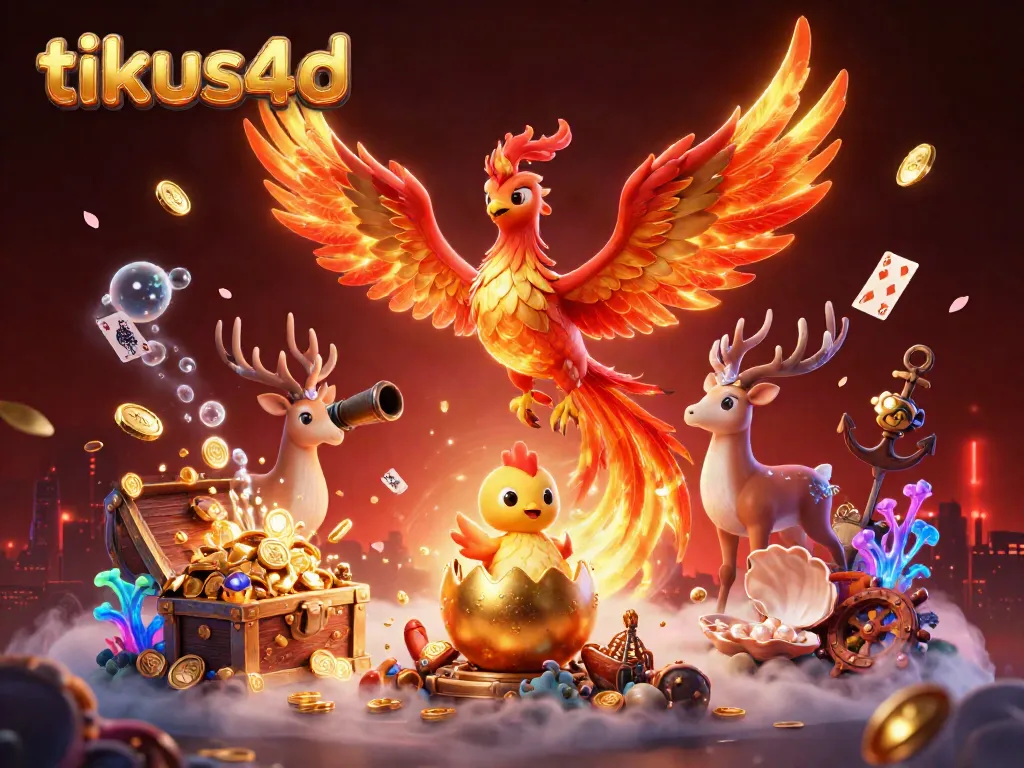 Experience thrilling gameplay with tikus4d, featuring vibrant phoenixes, treasure chests, and casino elements.