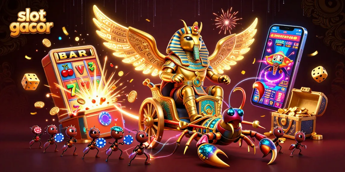 Experience thrilling slot gacor action with a golden beetle and scorpions in a vibrant casino scene.