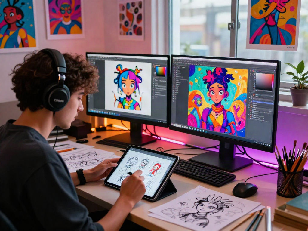 Artist creating vibrant NSFW AI character designs in a dynamic digital art studio.