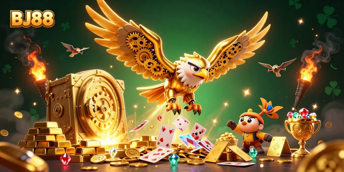 BJ88 showcases a thrilling 3D scene with a cybernetic eagle diving through cards amidst treasures, enhancing the online gambling experience.