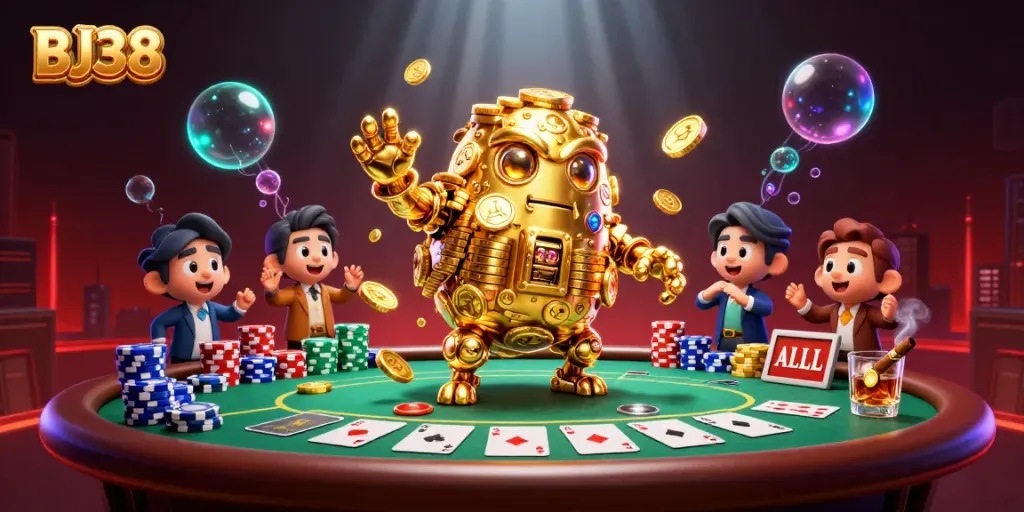 Engage in thrilling casino action at BJ38 with a dynamic scene of a golden golem amidst vibrant poker elements.