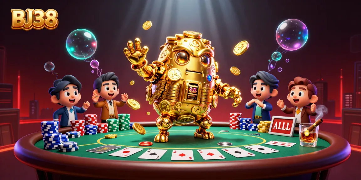 Engage in thrilling casino action at BJ38 with a dynamic scene of a golden golem amidst vibrant poker elements.
