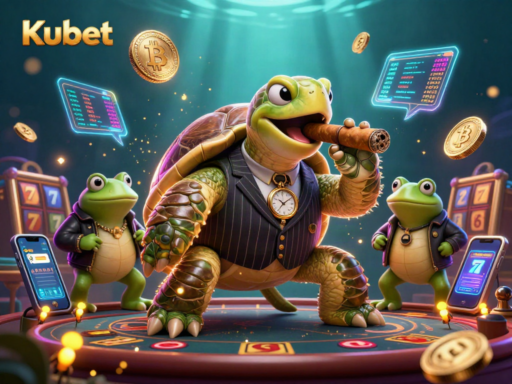 Kubet casino scene with a snapping turtle mobster and bullfrog enforcers celebrating wins.