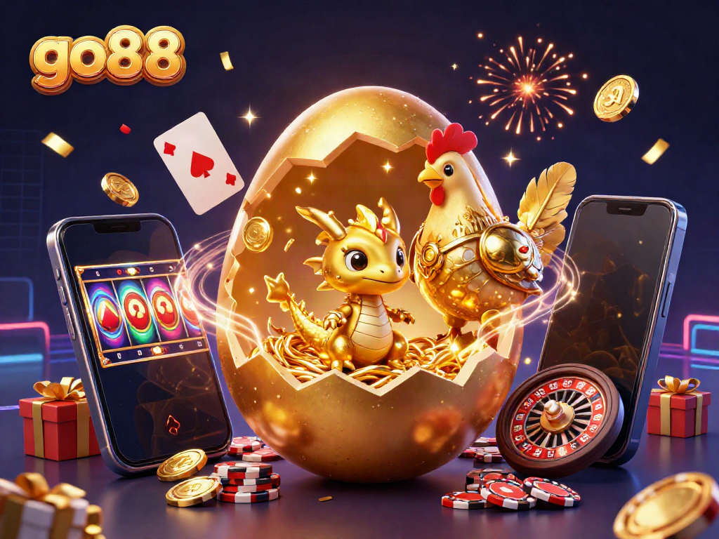Join the excitement of go88 with a golden dragon and poker chips in a vibrant casino scene.