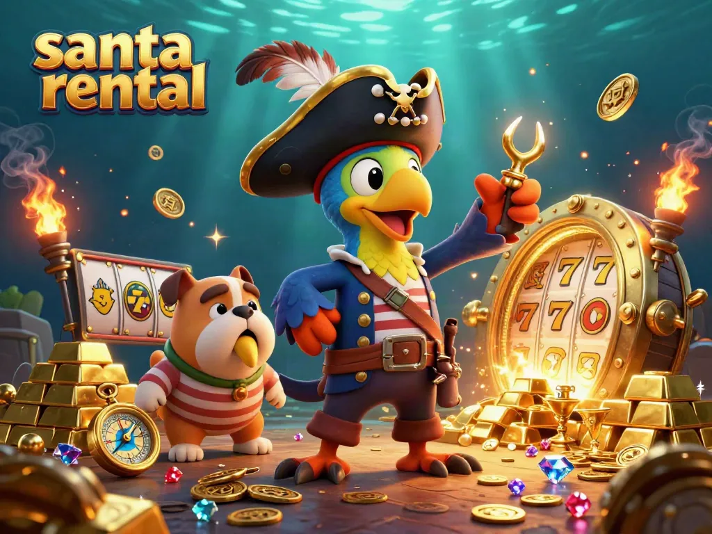 Sparking gambling adventure with a vibrant scene showcasing dynamic characters around treasures and gaming elements, titled "santa rental".
