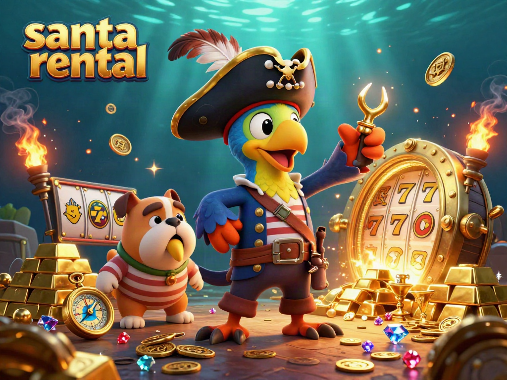 Sparking gambling adventure with a vibrant scene showcasing dynamic characters around treasures and gaming elements, titled "santa rental".