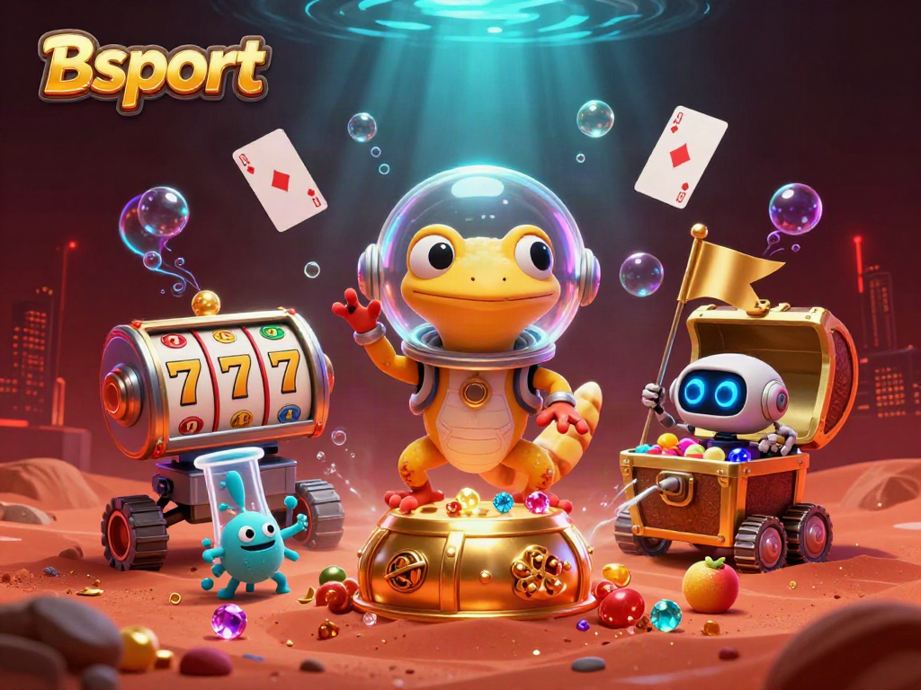 Experience thrilling moments at Bsport with 3D Martian gecko discovering a golden casino on Mars.