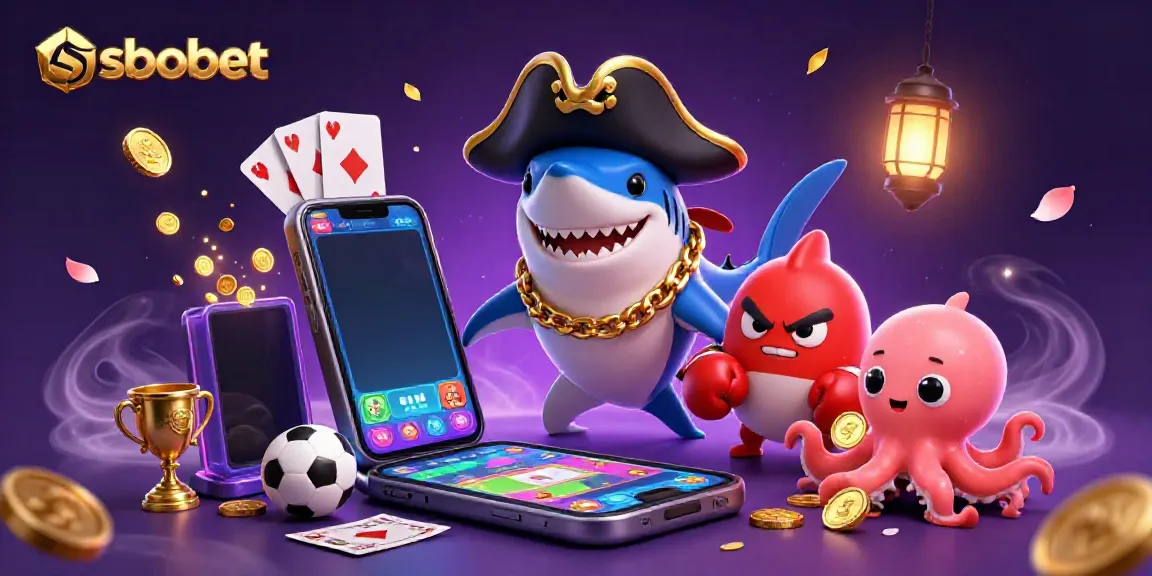 Engage in sbobet sports betting with a vibrant scene featuring cartoon characters, coins, and gaming elements.