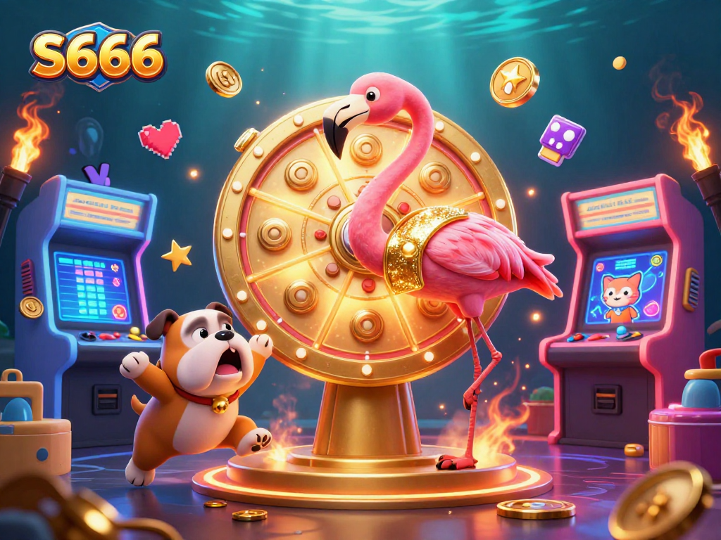 S666 game show illustration featuring a flamingo host, bulldog contestant, and a scoreboard cat amidst casino elements.