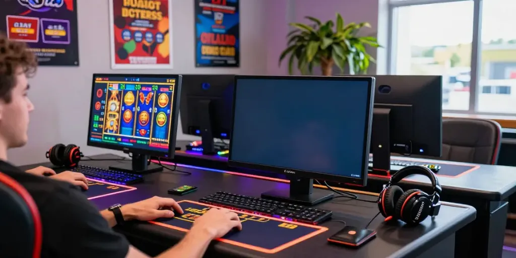 Engaging player at a desk with gaming accessories enjoying credit card casinos experience.