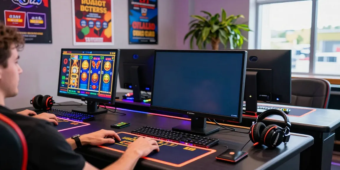 Engaging player at a desk with gaming accessories enjoying credit card casinos experience.
