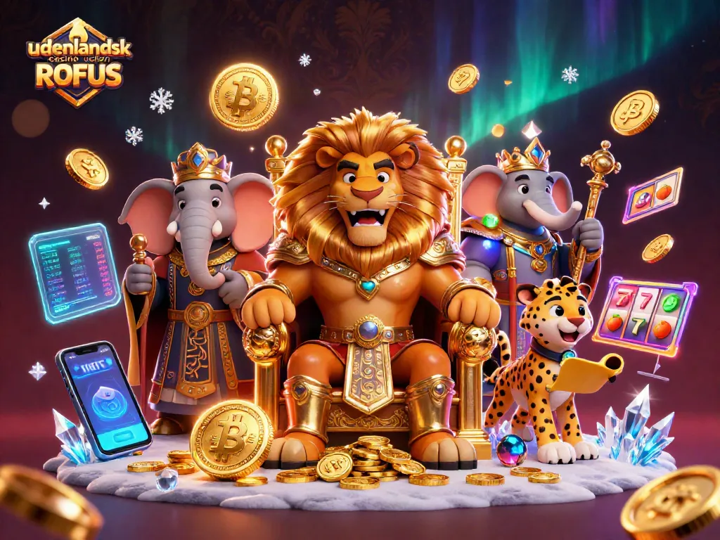 Experience excitement at udenlandsk casino uden ROFUS with vibrant 3D illustration featuring a royal lion king and game elements.