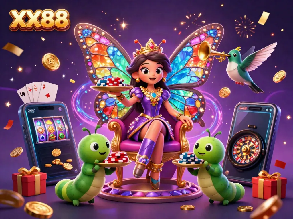 Experience the magic of XX88 with a vibrant scene of a butterfly queen and poker chips, celebrating casino gaming.